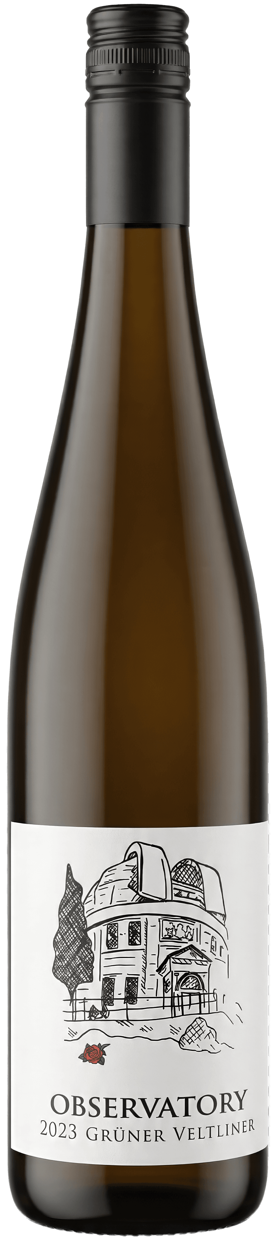 Bottle of Observatory 2023 Grüner Veltliner white wine with observatory building illustration on label